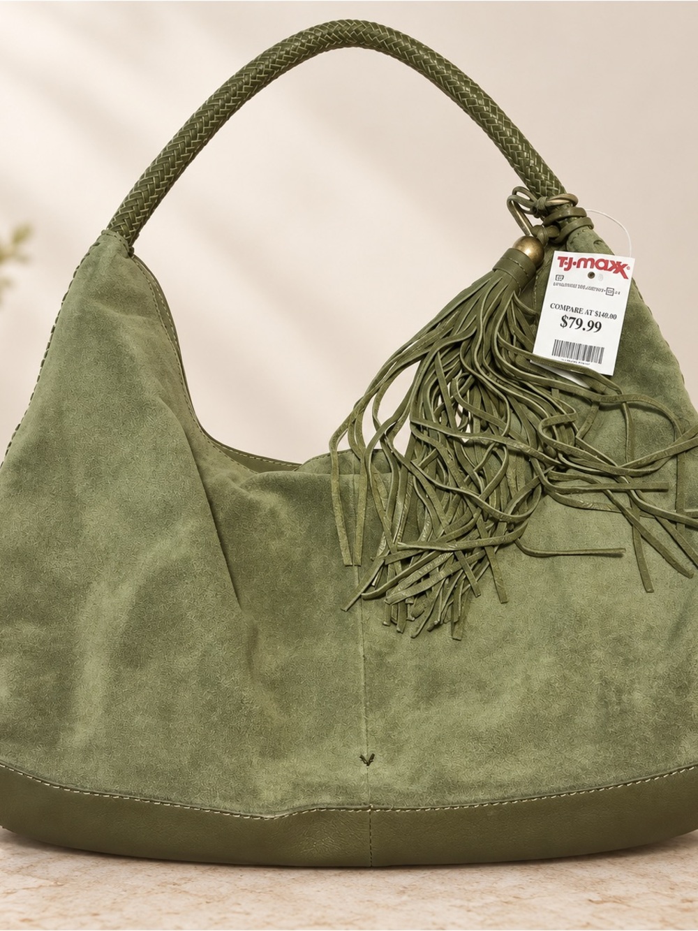 Olive Suede Fringe Shoulder Hobo Bag